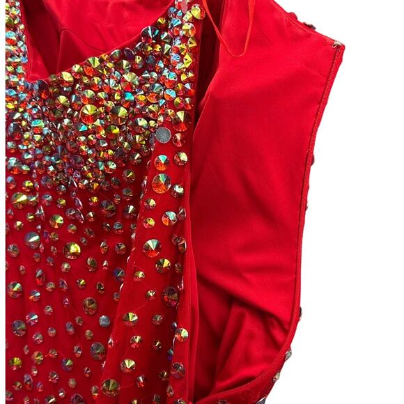 Angela & Alison Red Beaded One Sleeve Prom Formal Mini Short Dress Women 16 - Picture 8 of 10